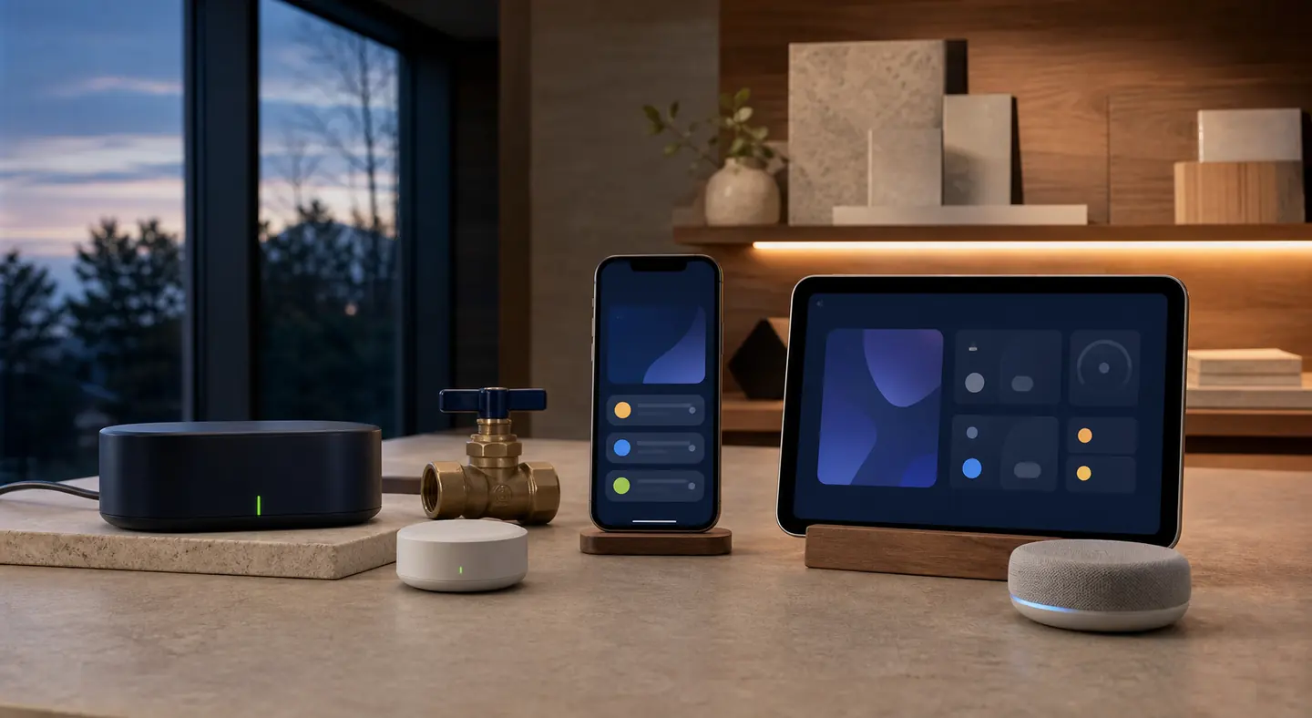 Architectural home-automation workbench with a coordinator, leak sensor, manual water-shutoff valve sample, notification phone, dashboard tablet and local voice satellite.